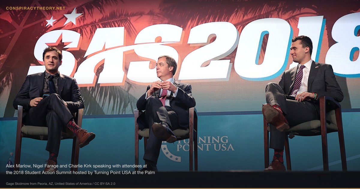 Alleged Charlie Kirk Assassination Plot (2024) (2024) — Alex Marlow, Nigel Farage and Charlie Kirk speaking with attendees at the 2018 Student Action Summit hosted by Turning Point USA at the Palm Beach County Convention Center in West Palm Beach, Florida. Please attribute to Gage Skidmore if used elsewhere.