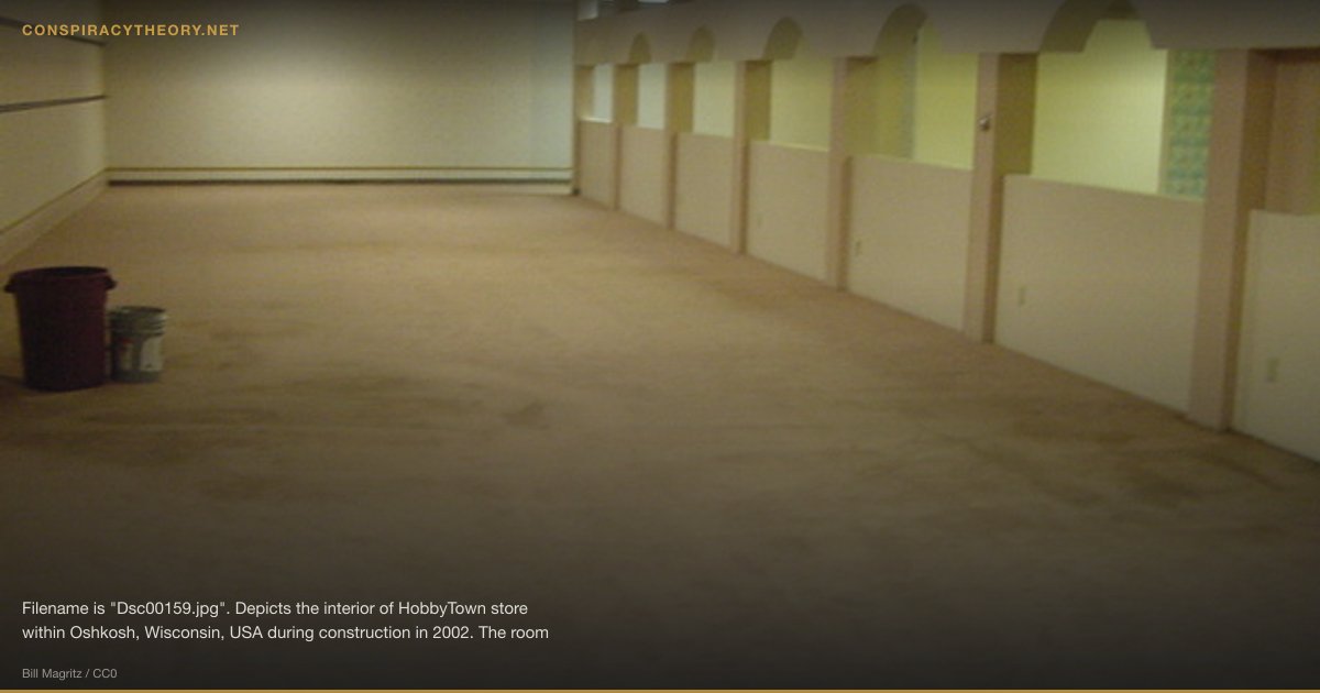 The Backrooms (2019-05-12) — Filename is "Dsc00159.jpg". Depicts the interior of HobbyTown store within Oshkosh, Wisconsin, USA during construction in 2002. The room shown in the picture specifically is the East Oval Room. After the picture that depicted an internet phenomenon known as "The Backrooms" had its origin discovered, this was one of the more popular images discovered alongside it.