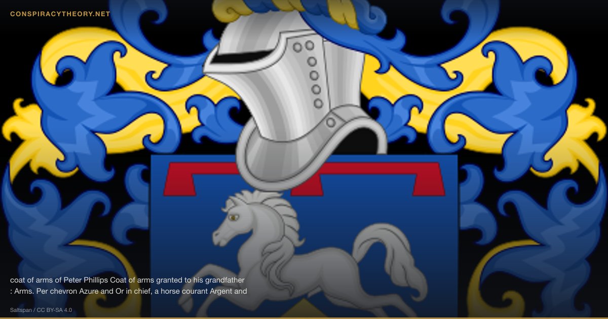 Censored News Stories (1976) — coat of arms of Peter Phillips Coat of arms granted to his grandfather : Arms. Per chevron Azure and Or in chief, a horse courant Argent and in base a sprig of forget-me-not flowered, slipped and leaved proper. Crest. On a Wreath of the colours, a spur rowed upward or, winged argent, enclosing a lozenge sable. Motto. Pro rege et patria (For king and country). D. H. B. Chesshyre, "Heraldry: Captain Mark Phillips C.V.O.", British History Illustrated, V, 3 (Aug-Sept 1978), p. 45