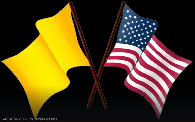 Gold flag waving with American Flag (associated with American Libertarianism) — related to Chemtrail Conspiracy Theory
