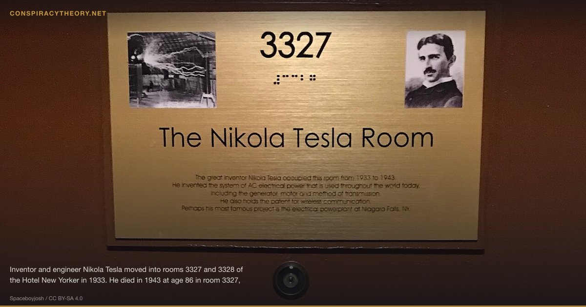 Earthquake Machines & Tectonic Weapons (1896) — Inventor and engineer Nikola Tesla moved into rooms 3327 and 3328 of the Hotel New Yorker in 1933. He died in 1943 at age 86 in room 3327, the smaller of the two. Today plaques on both doors commemorate his life and work.