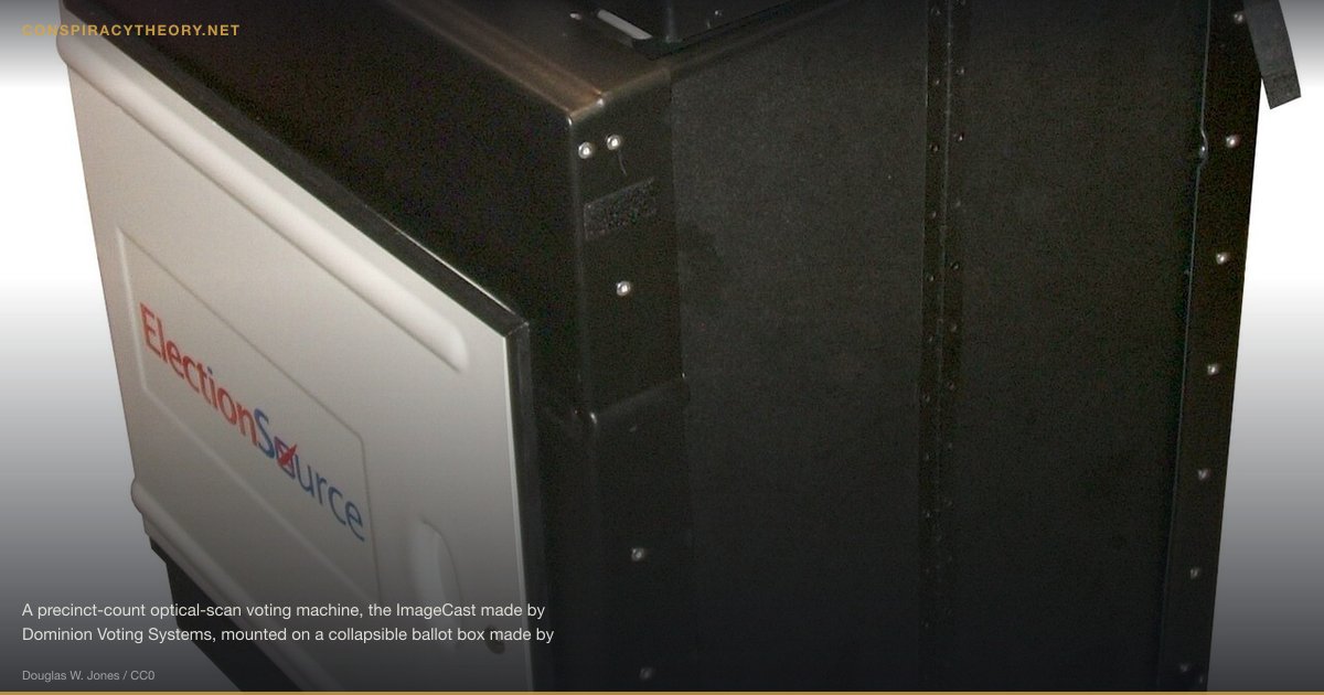 Election Manipulation Conspiracy Theories (1800s) — A precinct-count optical-scan voting machine, the ImageCast made by Dominion Voting Systems, mounted on a collapsible ballot box made by Election Source.