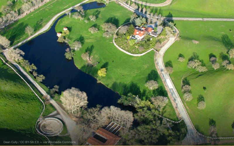 Aerial photograph of a ranch in Creston, San Luis Obispo County, California, where Scientology founder L. Ron Hubbard spent his last days. A Scientology-related symbol is visible within a racetrack. — related to Psychiatry as Government Control Tool