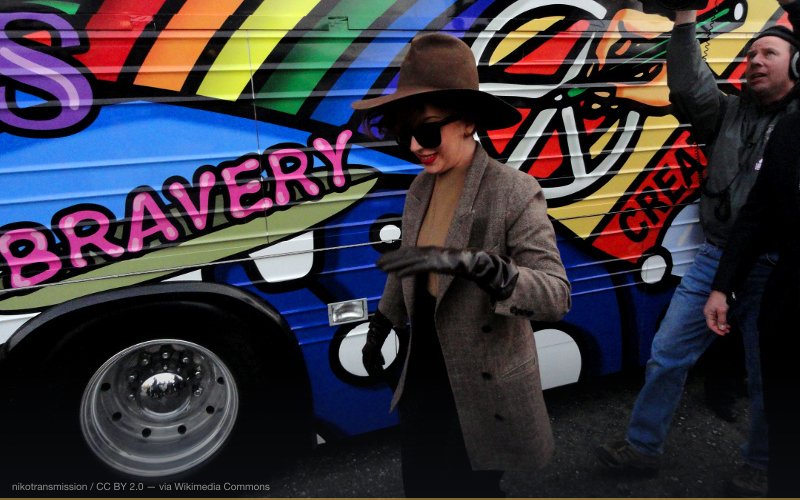 Lady Gaga presenting the Born Brave Bus in Tacoma, WA. — related to Hollywood Illuminati Symbolism