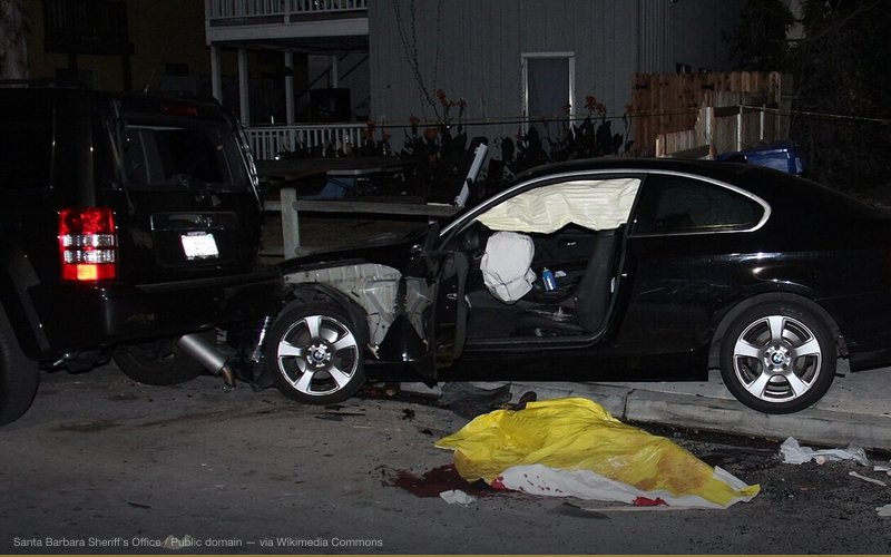 A picture of Elliot Rodger's crashed BMW. — related to Incel Movement and Online Radicalization