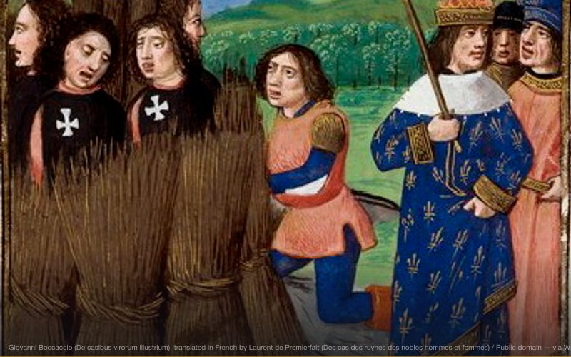 Burning of Templars. (British Library, Royal 14 E V f. 492v) — related to Knights Templar Baphomet Worship Accusations