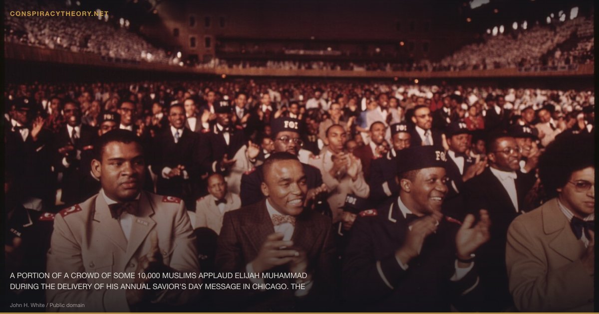 Malcolm X Assassination Conspiracy (1965) — A PORTION OF A CROWD OF SOME 10,000 MUSLIMS APPLAUD ELIJAH MUHAMMAD DURING THE DELIVERY OF HIS ANNUAL SAVIOR'S DAY MESSAGE IN CHICAGO. THE CITY IS HEADQUARTERS FOR THE BLACK MUSLIMS. THEIR $75 MILLION EMPIRE INCLUDES A MOSQUE, NEWSPAPER, UNIVERSITY RESTAURANTS, REAL ESTATE, BANK AND VARIETY OF RETAIL STORES MUHAMMAD DIED FEBRUARY 25, 1975