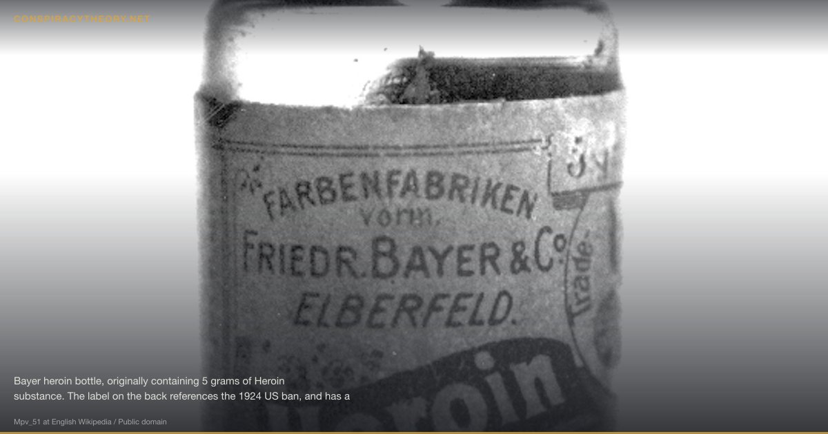 Monsanto's Roundup / Glyphosate Cover-Up (1974) — Bayer heroin bottle, originally containing 5 grams of Heroin substance. The label on the back references the 1924 US ban, and has a batch number stamp starting with 27, so it probably dates from the 1920's.