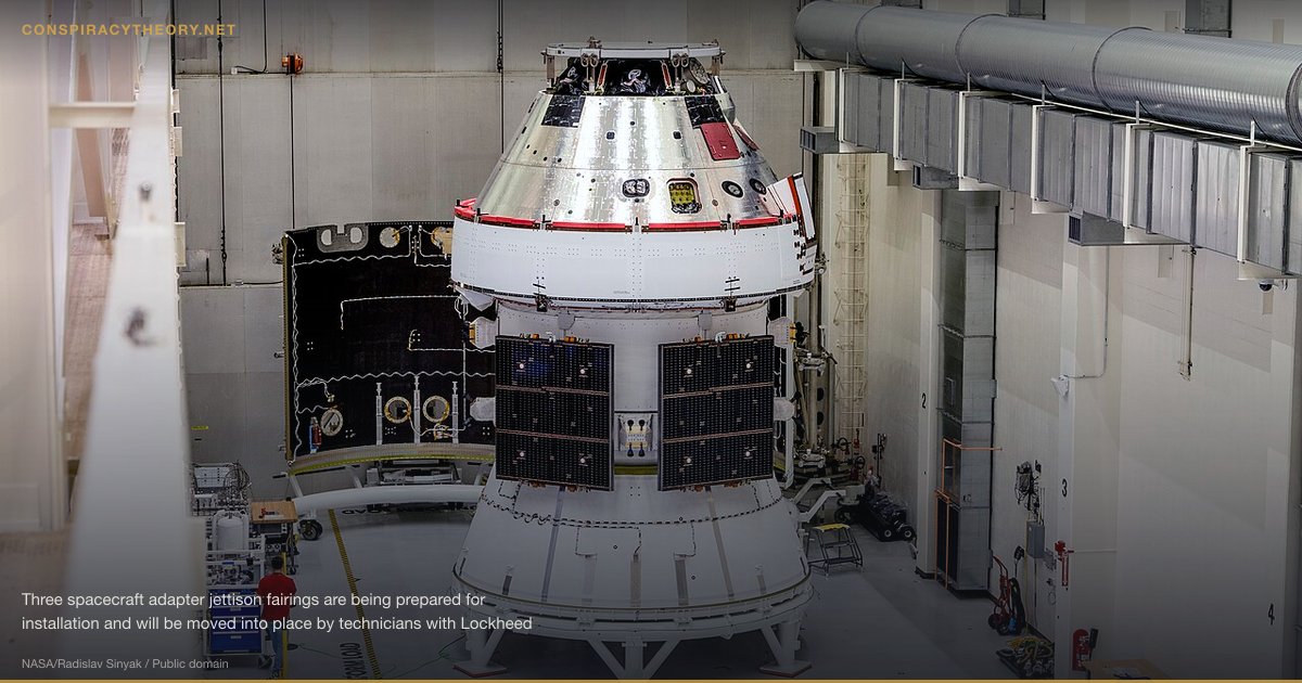 NASA Conspiracy & Cover-Up (1958) — Three spacecraft adapter jettison fairings are being prepared for installation and will be moved into place by technicians with Lockheed Martin, lead contractor for Orion. They will be secured around the spacecraft, encapsulating the European Service Module to protect it from the harsh environment as the spacecraft is propelled out of Earth’s atmosphere atop the Space Launch System (SLS) rocket during NASA’s Artemis I mission. The next time the solar array wings will be visible will be when Orion is in space. Artemis I will test the Orion spacecraft and SLS as an integrated system ahead of crewed flights to the Moon. Under the Artemis program, NASA will land the first woman and the next man on the Moon in 2024. Image Credit: NASA / Radislav Sinyak