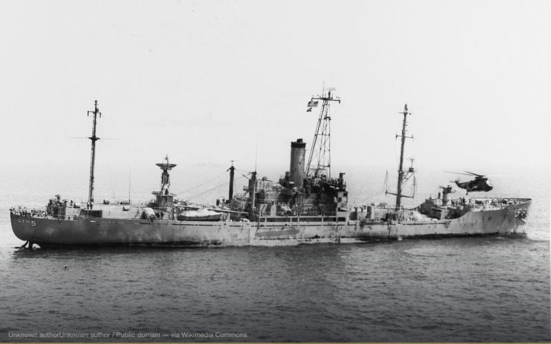 The U.S. Navy electronic reconnaissance gathering ship USS Liberty (AGTR-5) receives assistance from units of the U.S. Sixth Fleet, after she was attacked and seriously damaged by Israeli forces off the Sinai Peninsula on 8 June 1967. A Sikorsky SH-3A Sea King of Helicopter Anti-Submarine Squadron 9 (HS-9) Det.66 "Sea Griffins" is near her bow. HS-9 Det.66 was assigned to Attack Carrier Air Wing 6 (CVW-6) aboard the aircraft carrier USS America (CVA-66) for a deployment to the Mediterranean Sea from 10 January to 20 September 1967. — related to Operation CHAOS — CIA Domestic Surveillance