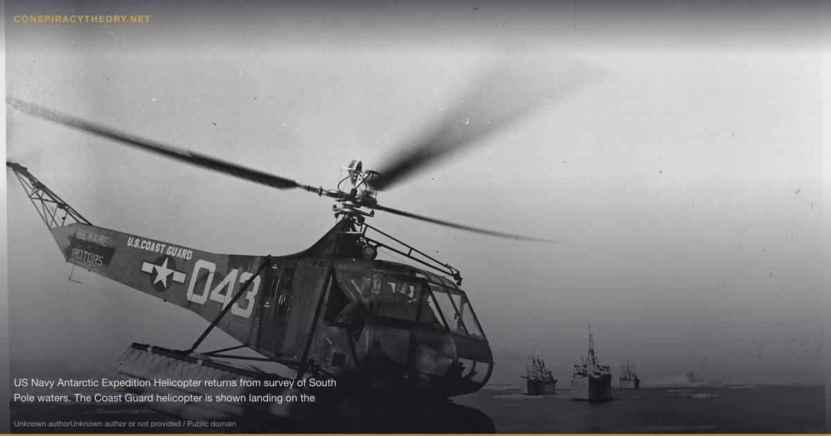 Operation Highjump — Secret Nazi Battle (1947) — US Navy Antarctic Expedition Helicopter returns from survey of South Pole waters. The Coast Guard helicopter is shown landing on the icebreaker Northwind. In the distanc are other ships of Task Force 68.