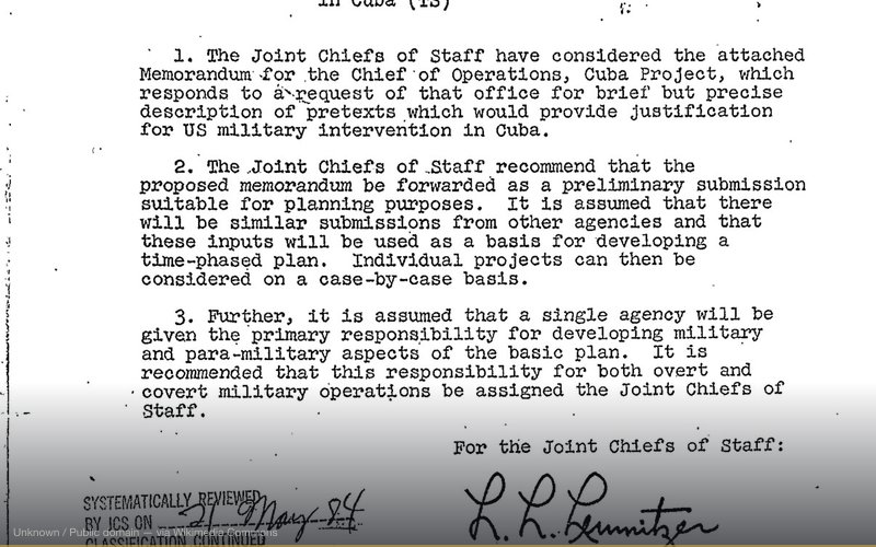 Actual photo of the Northwoods Memorandum for the U.S. Secretary of Defense (March 13, 1962) titled: "Justification for U.S. Military Intervention in Cuba (TS)". Taken from: Improved versions: this 1st page: image:NorthwoodsMemorandum.png 8th page: image:NorthwoodsMemorandum8.png — related to Operation Northwoods