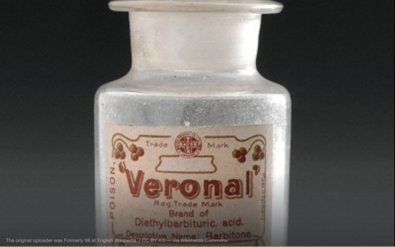 A bottle of Veronal, an early brand name version of the drug diethylbarbituic acid. It was obtained from the site http://www.wellcomeimages.org/ and is under the Creative Commons Attribution only licence CC BY 4.0 https://creativecommons.org/licenses/by/4.0/ Formerly 98 (talk) 16:39, 8 November 2014 (UTC) — related to Psychiatric Overdiagnosis & Disease Creation