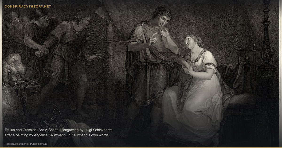 Shakespeare Authorship Question — Was He Real? (1785) — Troilus and Cressida, Act V, Scene II, engraving by Luigi Schiavonetti after a painting by Angelica Kauffmann. In Kaufmann's own words: "[Troilus] sees his wife in loving discourse with Diomedes and he wants to rush into the tent to catch them by surprise, but Ulysses and the other keep him back by force".