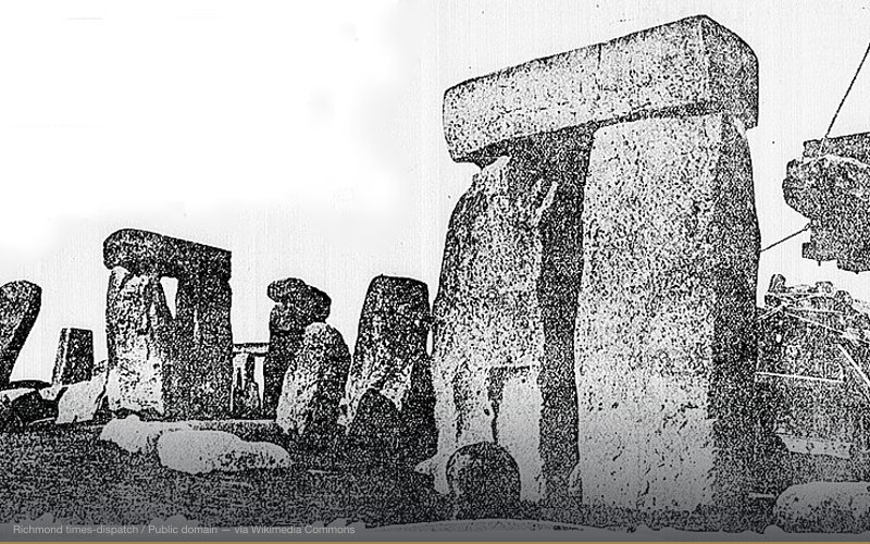 A depiction of the 1920 restoration work on Stonehenge from a newspaper. — related to Stonehenge — Acoustic Levitation / Lost Building Technique