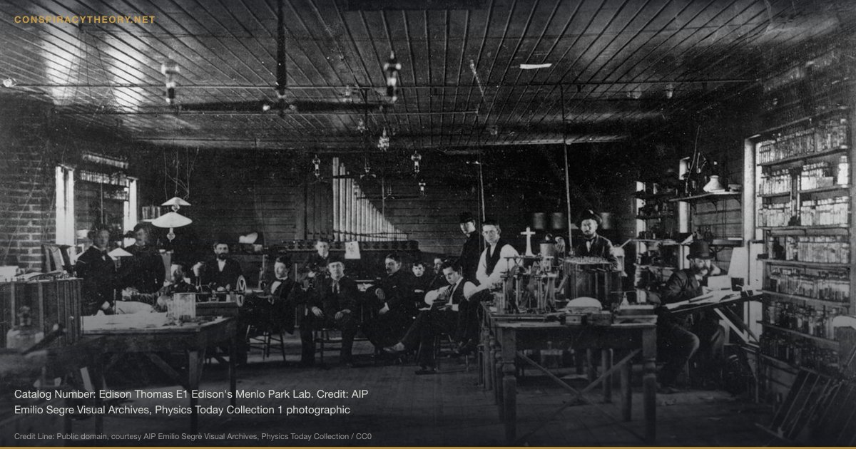 Tesla's Suppressed Wardenclyffe Tower (1905) — Catalog Number: Edison Thomas E1 Edison's Menlo Park Lab. Credit: AIP Emilio Segre Visual Archives, Physics Today Collection 1 photographic print (black and white; 9.25 x 6.25 inches)