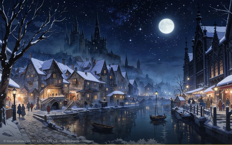 A generative art of anime illustration of winter canal town created with ByteDance Seedream 4.5. The prompt is Imaginative scene of a market town with It's Dark, It's Cold, It's Winter theme with gothic castle in the background and canal in the middle, beautiful night sky, the art of cold winter, striking anime style. This artwork was created with image-to-image (img2img) process of two start images. — related to TikTok / ByteDance CCP Data Harvesting