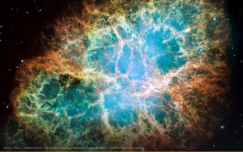This is a mosaic image, one of the largest ever taken by NASA's Hubble Space Telescope, of the Crab Nebula, a six-light-year-wide expanding remnant of a star's supernova explosion. Japanese and Chinese astronomers recorded this violent event in 1054 CE. The orange filaments are the tattered remains of the star and consist mostly of hydrogen. The rapidly spinning neutron star embedded in the center of the nebula is the dynamo powering the nebula's eerie interior bluish glow. The blue light comes from electrons whirling at nearly the speed of light around magnetic field lines from the neutron star. The neutron star, like a lighthouse, ejects twin beams of radiation that appear to pulse 30 times a second due to the neutron star's rotation. A neutron star is the crushed ultra-dense core of the exploded star. The Crab Nebula derived its name from its appearance in a drawing made by Irish astronomer Lord Rosse in 1844, using a 36-inch telescope. When viewed by Hubble, as well as by large ground-based telescopes such as the European Southern Observatory's Very Large Telescope, the Crab Nebula takes on a more detailed appearance that yields clues into the spectacular demise of a star, 6,500 light-years away. The newly composed image was assembled from 24 individual Wide Field and Planetary Camera 2 exposures taken in October 1999, January 2000, and December 2000. The colors in the image indicate the different elements that were expelled during the explosion. Blue in the filaments in the outer part of the nebula represents neutral oxygen, green is singly-ionized sulfur, and red indicates doubly-ionized oxygen. — related to UFO Cover-Up — A History of Government Secrecy