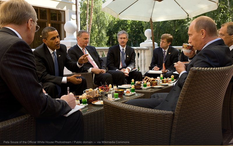 President Barack Obama and members of the American delegation, including National Security Advisor General Jim Jones, Under Secretary for Political Affairs Bill Burns, and NSC Senior Director for Russian Affairs Mike McFaul, meet with Prime Minister Vladimir Putin at his dacha outside Moscow, Russia, July 7, 2009. — related to Ukraine Bioweapons Conspiracy