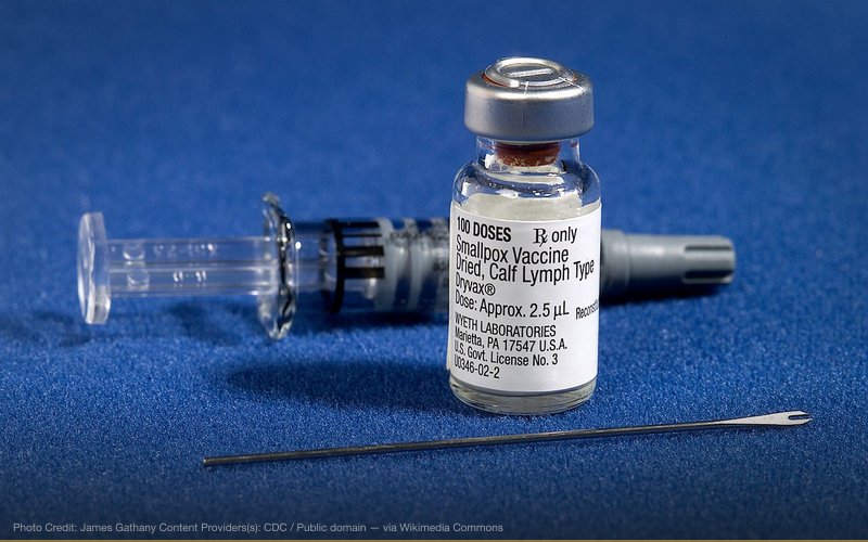 Components of a smallpox vaccination kit including the diluent, a vial of Dryvax® smallpox vaccine, and a bifurcated needle. Vaccinia (smallpox) vaccine, derived from calf lymph, and currently licensed in the United States, is a lyophilized, live-virus preparation of infectious vaccinia virus. It does not contain smallpox (variola) virus. — related to Vaccine–Autism Link