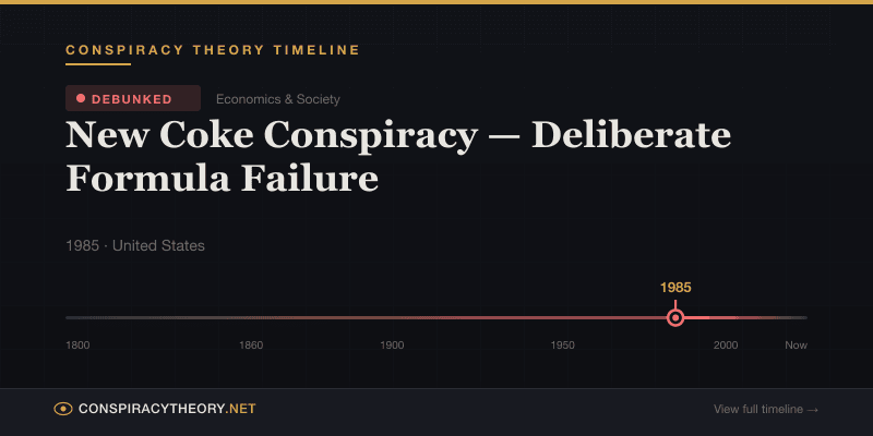 New Coke Conspiracy — Deliberate Formula Failure — Conspiracy Theory Timeline 1985, United States